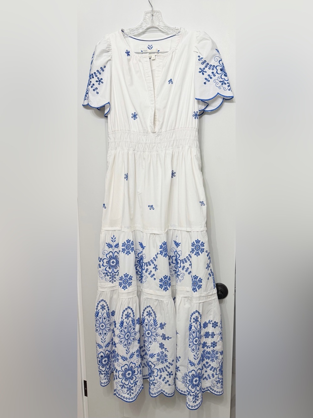 Anthropologie Somerset Eyelet White & Blue Embroidered Tiered Maxi Dress